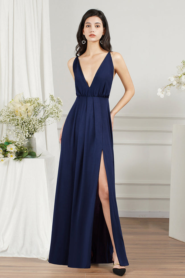 Simple A-line V-neck Backless Long Prom Dress With Slit Main Image