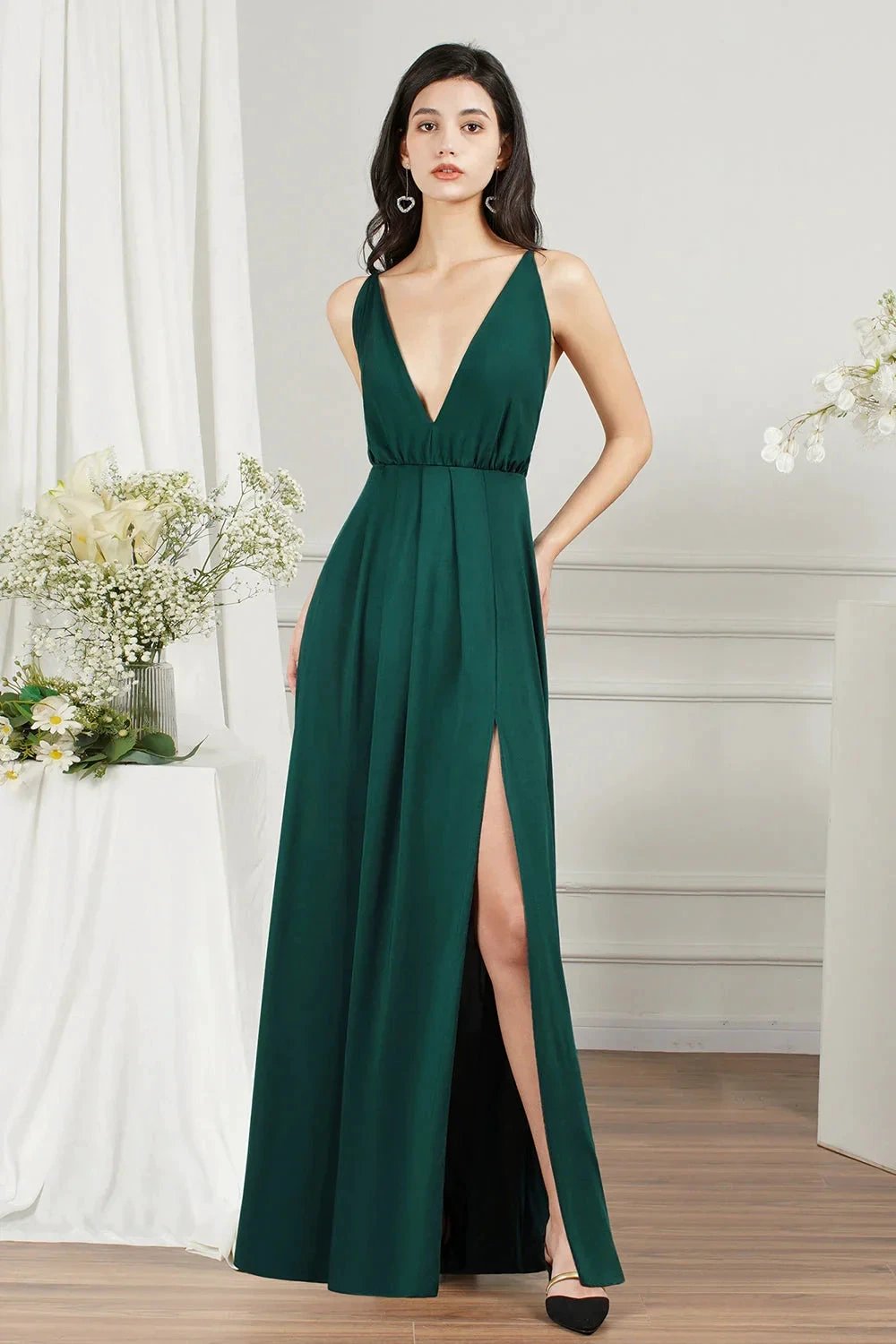 Simple A-line V-neck Backless Long Prom Dress With Slit by BIZTUNNEL