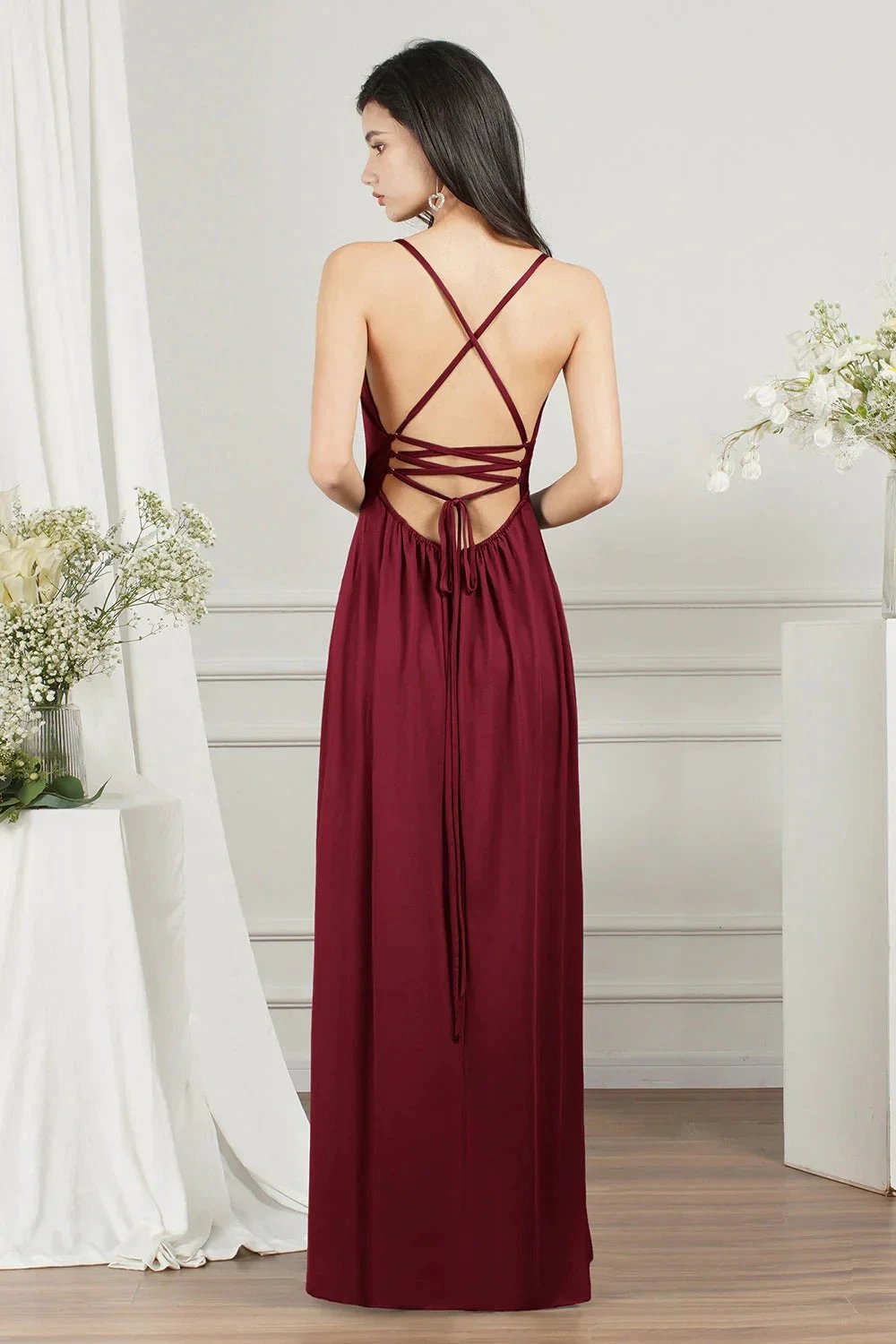 Simple A-line V-neck Backless Long Prom Dress With Slit by BIZTUNNEL