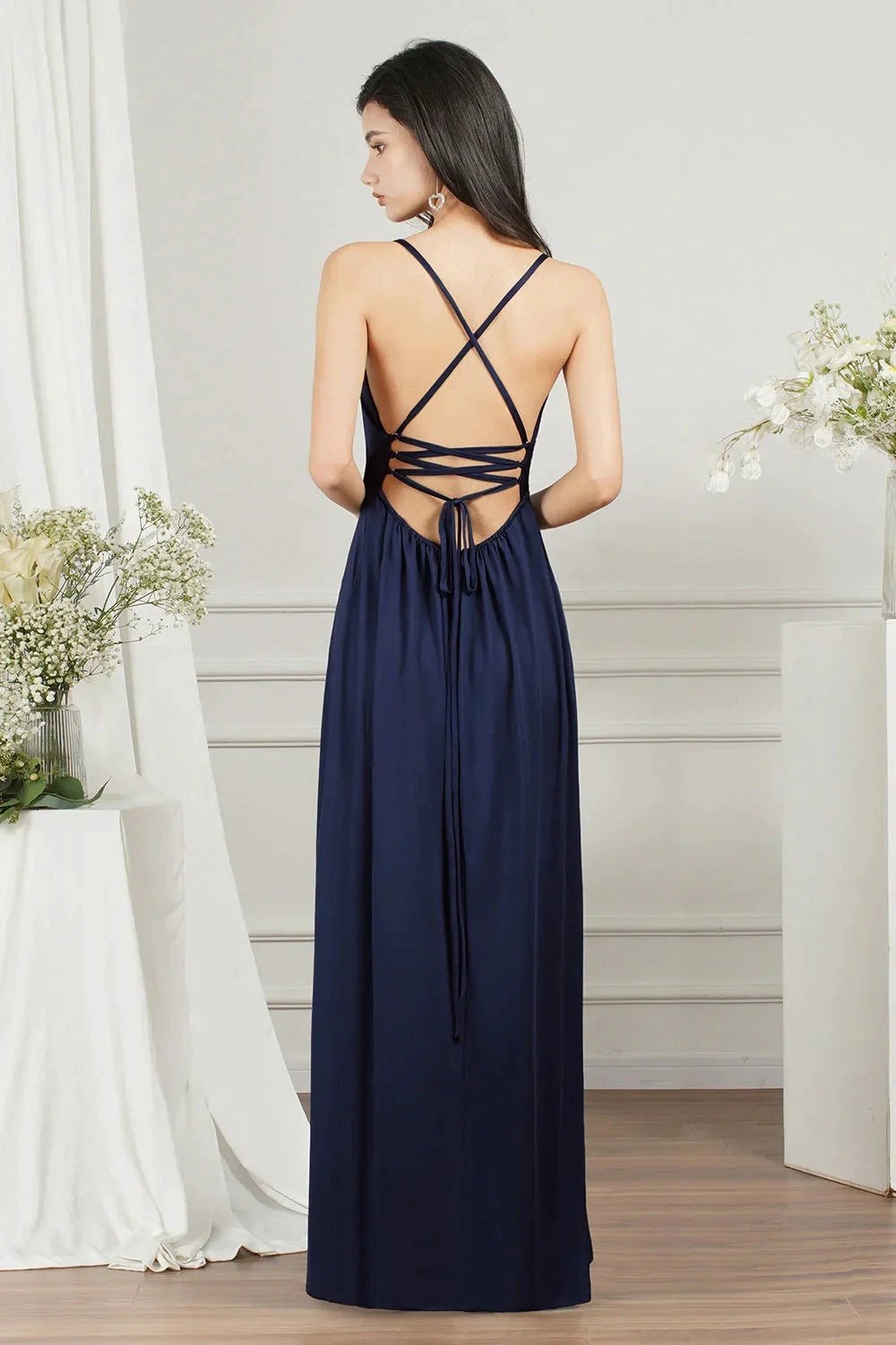 Simple A-line V-neck Backless Long Prom Dress With Slit by BIZTUNNEL