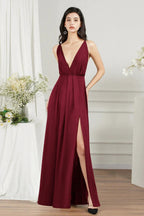Simple A-line V-neck Backless Long Prom Dress With Slit by BIZTUNNEL