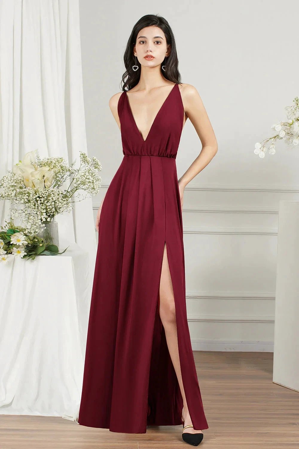 Simple A-line V-neck Backless Long Prom Dress With Slit by BIZTUNNEL