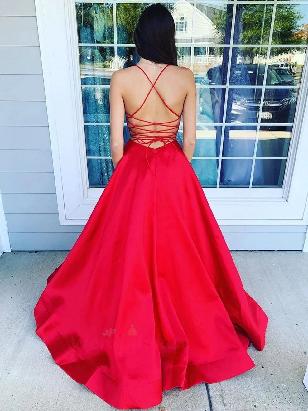 Simple A-line V Neck Backless Satin Long Formal Prom Dresses with Pockets by BIZTUNNEL