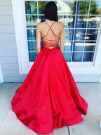 Simple A-line V Neck Backless Satin Long Formal Prom Dresses with Pockets by BIZTUNNEL