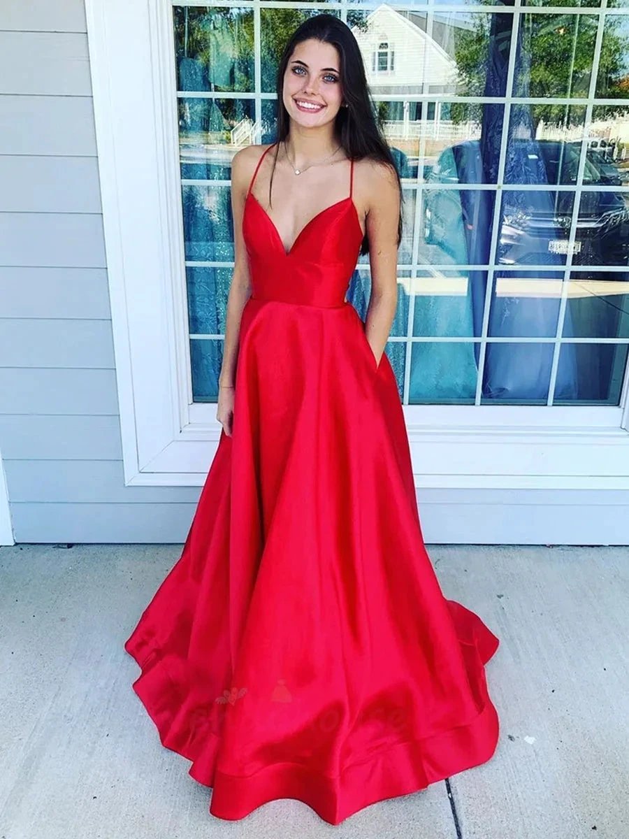 Simple A-line V Neck Backless Satin Long Formal Prom Dresses with Pockets by BIZTUNNEL