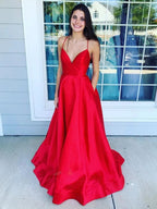 Simple A-line V Neck Backless Satin Long Formal Prom Dresses with Pockets by BIZTUNNEL