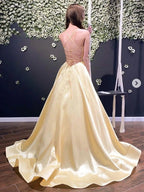 Simple A Line V Neck Backless Satin Long Prom Formal Dresses by BIZTUNNEL