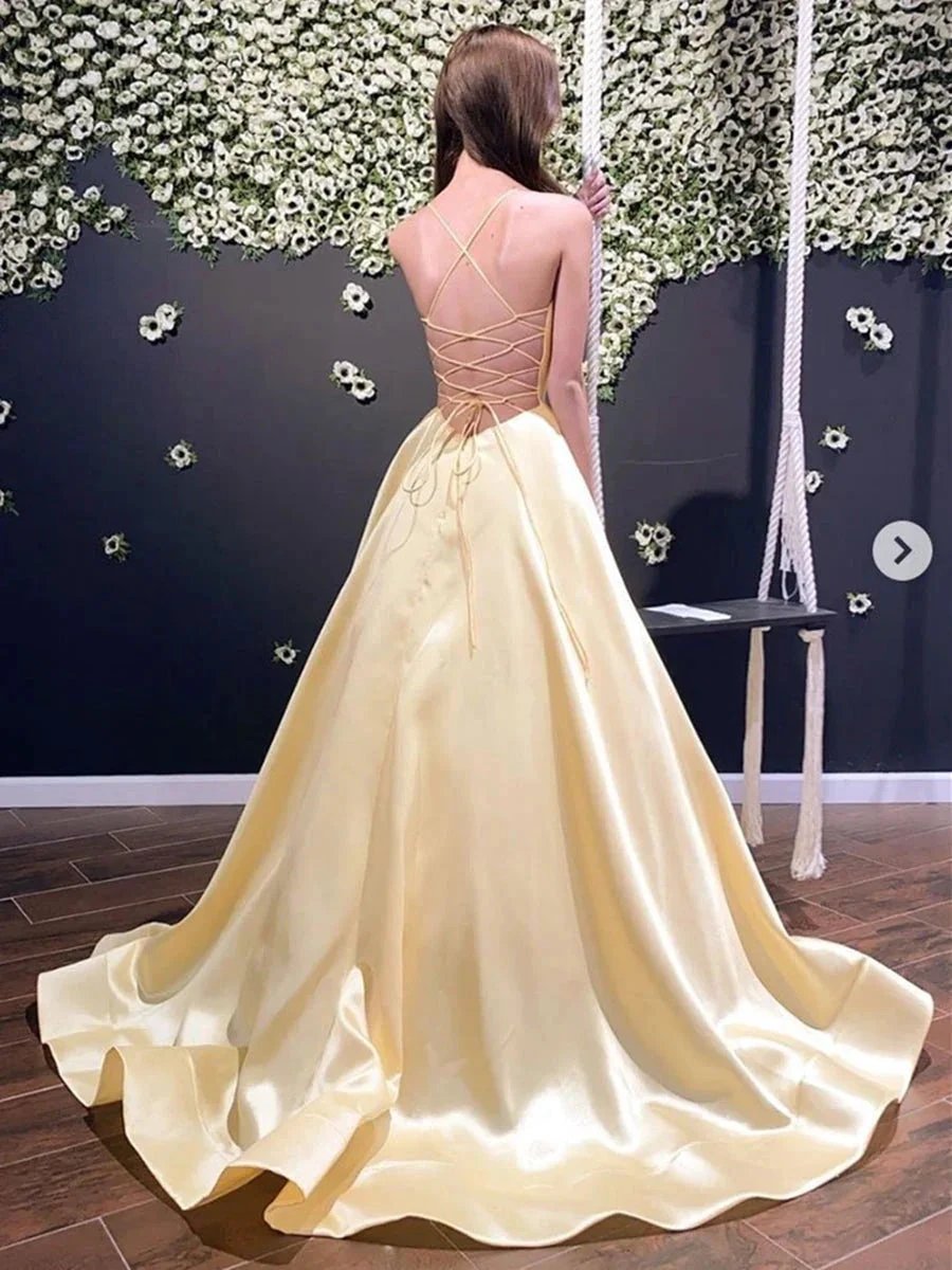 Simple A Line V Neck Backless Satin Long Prom Formal Dresses by BIZTUNNEL