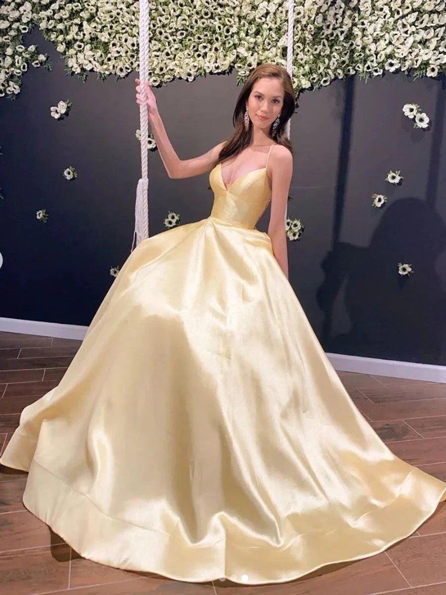 Simple A Line V Neck Backless Satin Long Prom Formal Dresses by BIZTUNNEL