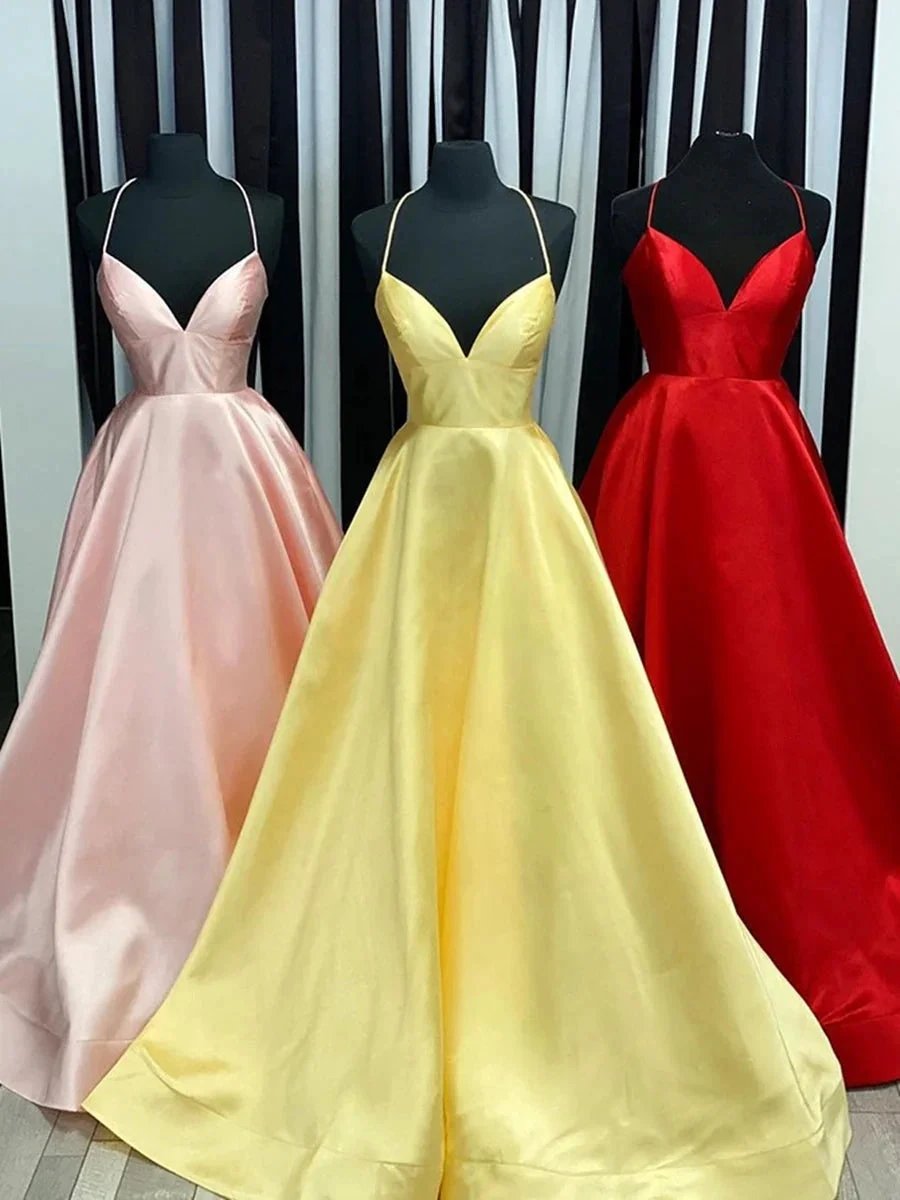 Simple A Line V Neck Backless Satin Long Prom Formal Evening Dresses by BIZTUNNEL