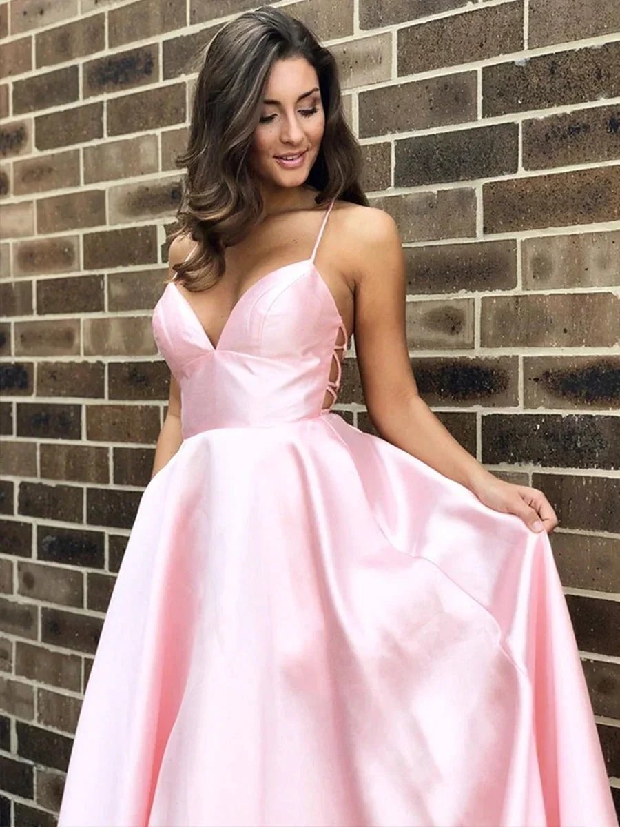 Simple A Line V Neck Backless Satin Long Prom Formal Evening Dresses by BIZTUNNEL