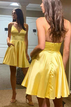 Simple A-line V Neck Backless Yellow Satin Short Prom Homecoming Dresses with Pockets by BIZTUNNEL