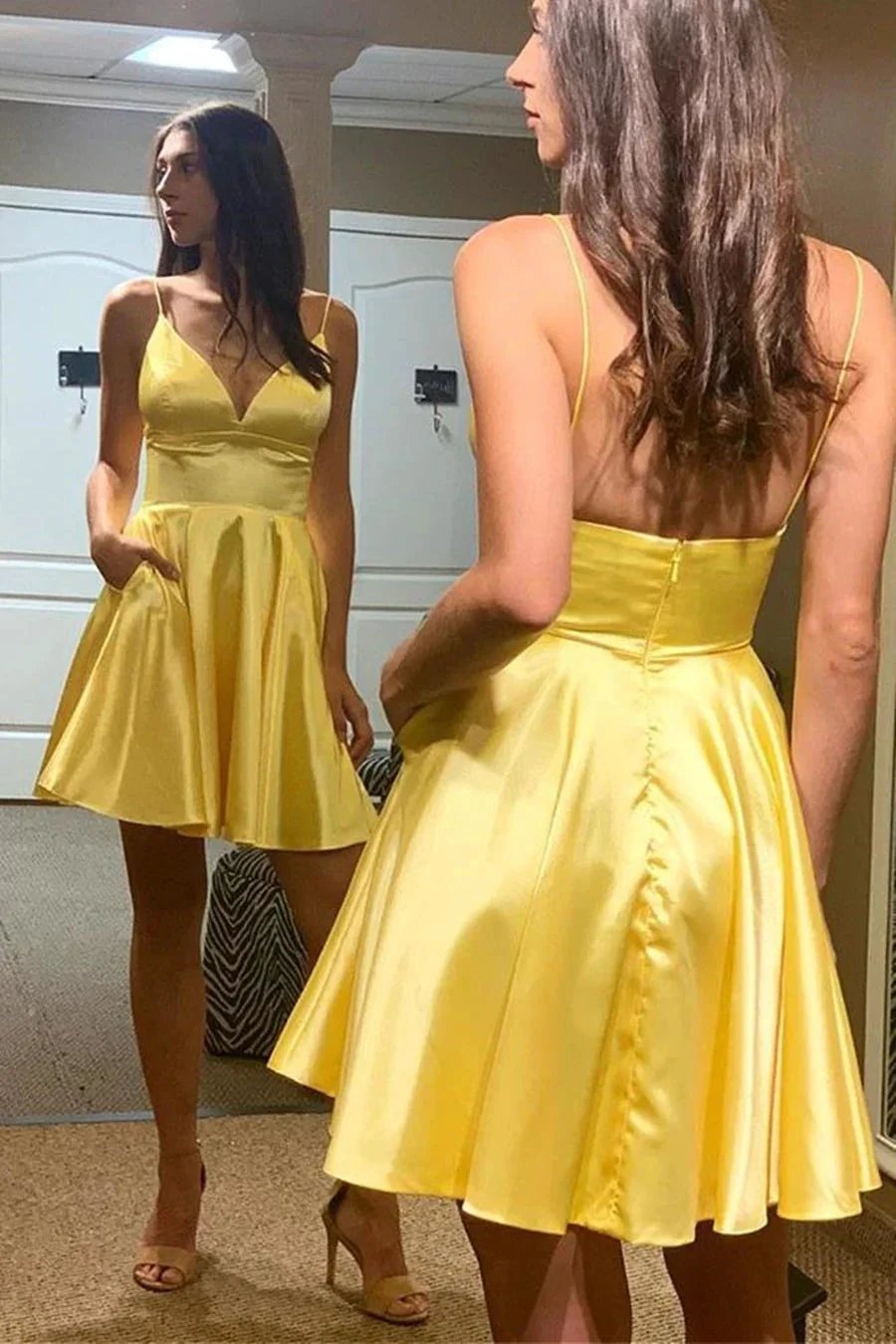 Simple A-line V Neck Backless Yellow Satin Short Prom Homecoming Dresses with Pockets by BIZTUNNEL