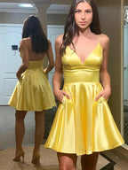 Simple A-line V Neck Backless Yellow Satin Short Prom Homecoming Dresses with Pockets by BIZTUNNEL