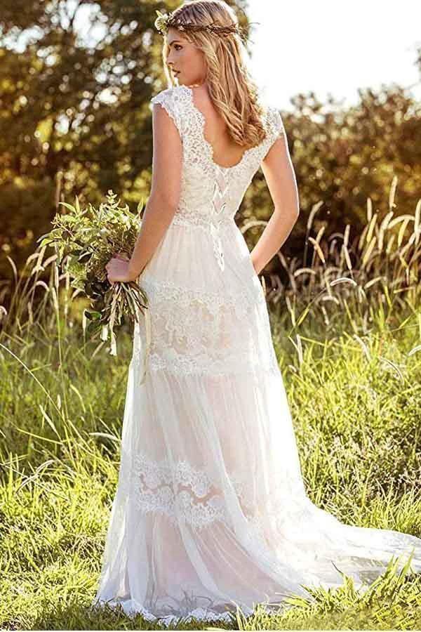 Simple A-Line V-Neck Bohemian Lace Rustic Bridal Gown Wedding Dress WD434 by pgmdress