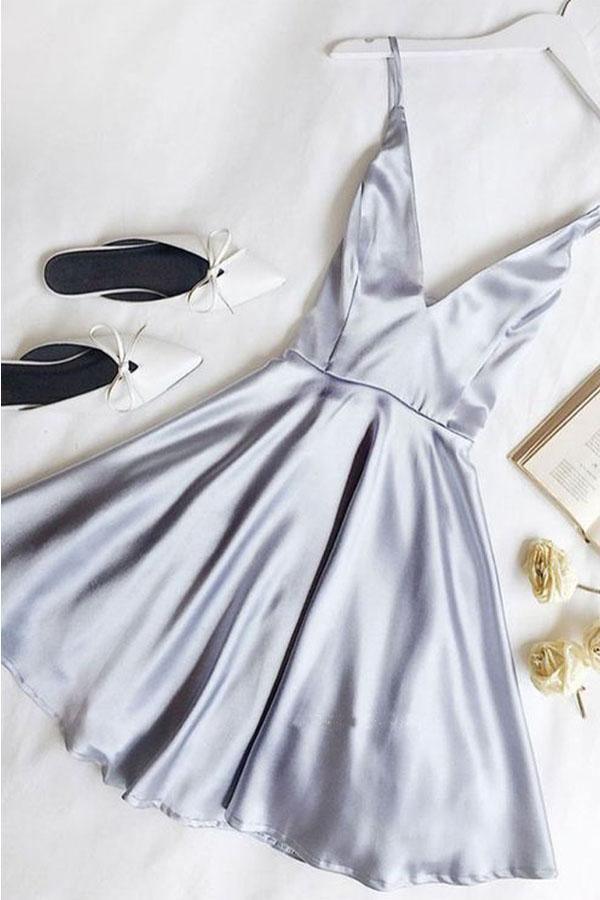 Simple A Line V Neck Light Blue Satin Homecoming Dresses with Pockets PD258 Main Image