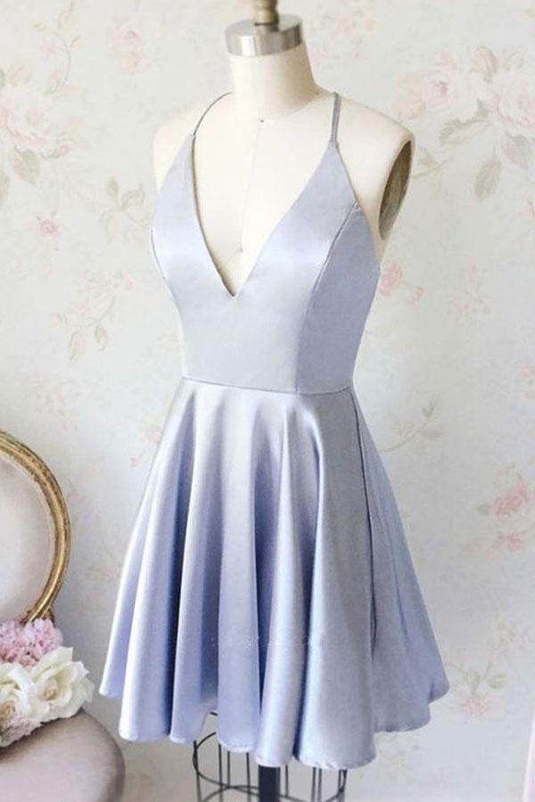 Simple A Line V Neck Light Blue Satin Homecoming Dresses with Pockets PD258 Hover Image