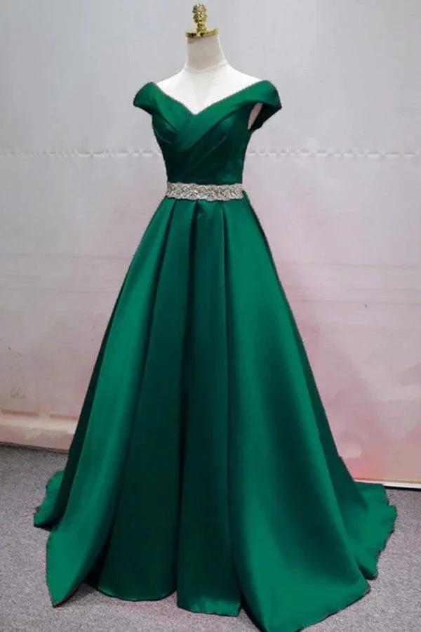 Simple A-line V-neck Satin Long Prom Dress With Crystal Sash by BIZTUNNEL