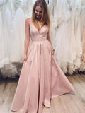 Simple A-line V Neck Satin Sleeveless Long Prom Formal Graduation Evening Dresses by BIZTUNNEL