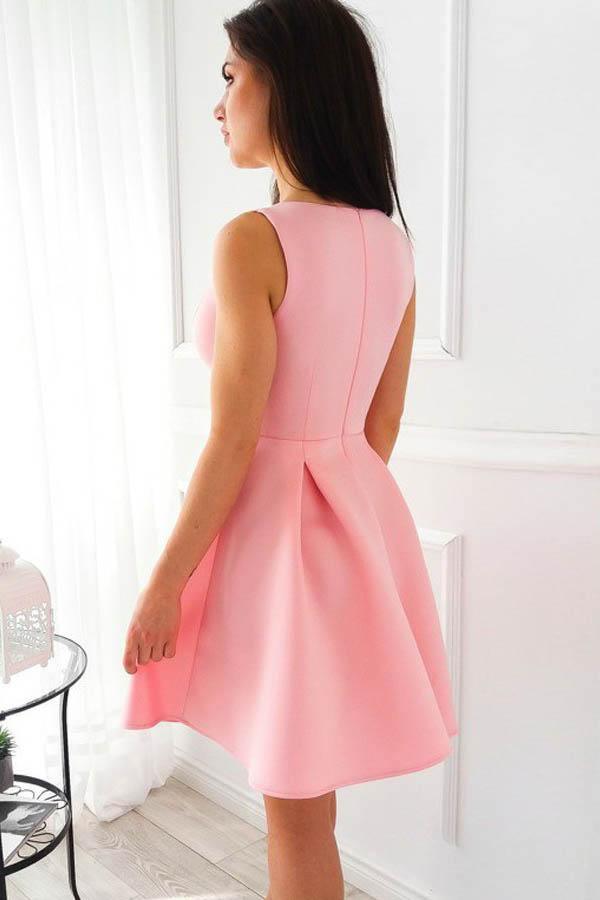 Simple A-Line V-Neck Short Pleated Pink Satin Homecoming Dress PD099 Main Image