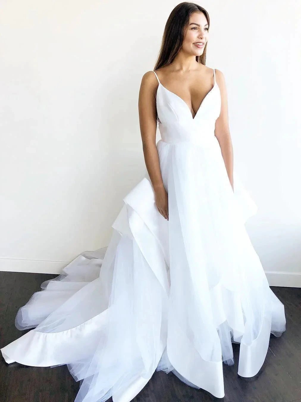 Simple A-line V Neck Straps Ivory Long Wedding Dress with Backless WD275 by pgmdress