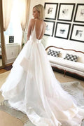 Simple A-line V Neck Straps Ivory Long Wedding Dress with Backless WD275 by pgmdress