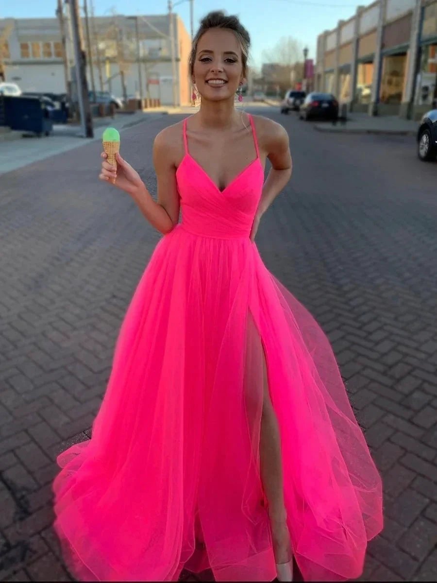 Simple A Line V Neck Tulle Spaghetti Straps Long Prom Dresses with High Split by BIZTUNNEL