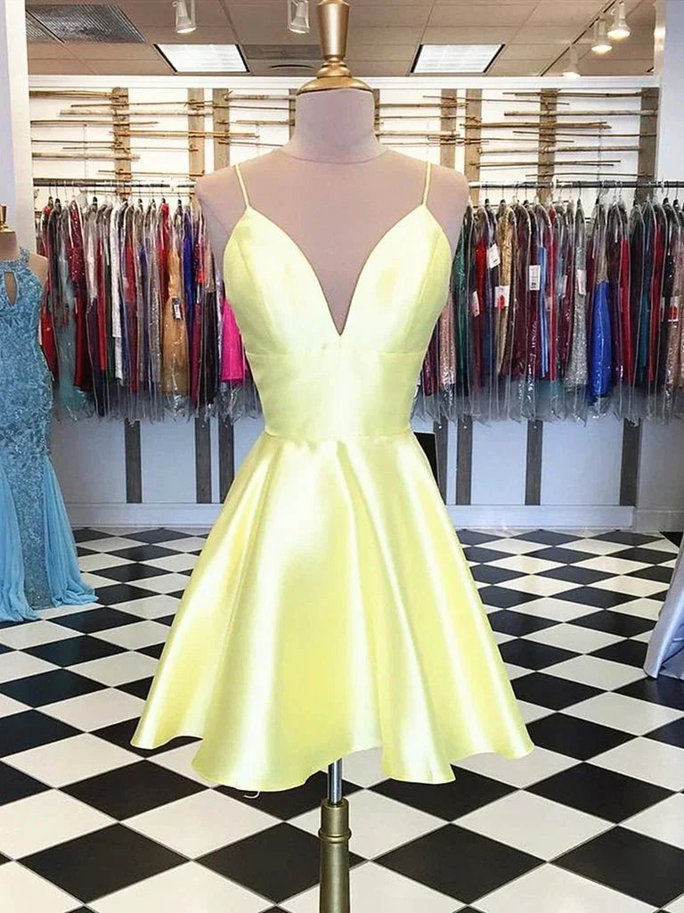 Simple A Line V Neck Yellow Satin Short Prom Homecoming Dresses by BIZTUNNEL