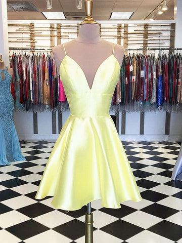 Simple A Line V Neck Yellow Satin Short Prom Homecoming Dresses