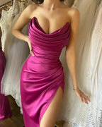 Simple Ankle Length Strapless Sexy Prom Dresses With Slit by misshow.com