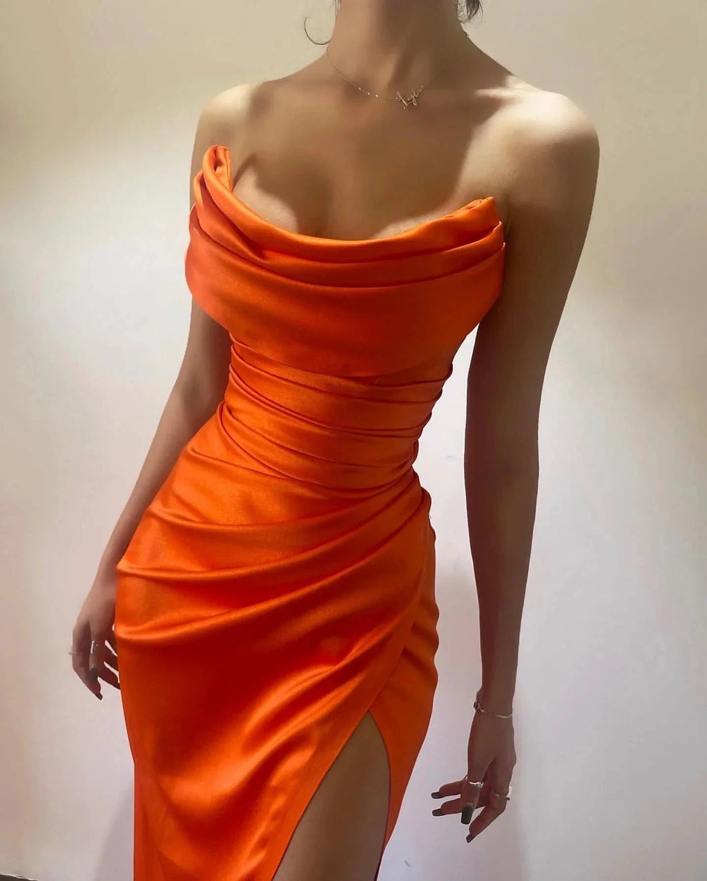 Simple Ankle Length Strapless Sexy Prom Dresses With Slit by misshow.com