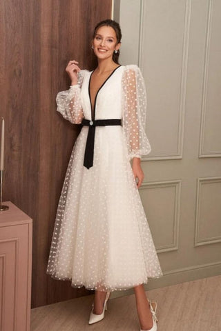 Simple Ankle-Length V-neck Wedding Dresses With Long Sleeves