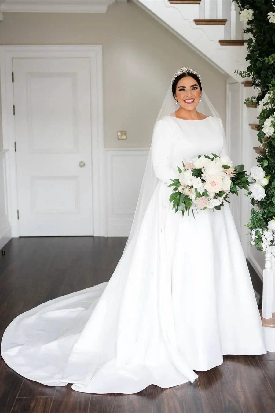 Simple Beautiful A-line Long Sleeves Satin Backless Wedding Dress by misshow.com