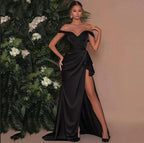Simple Black Long Mermaid Off-the-shoulder Prom Dress with Slit by BIZTUNNEL