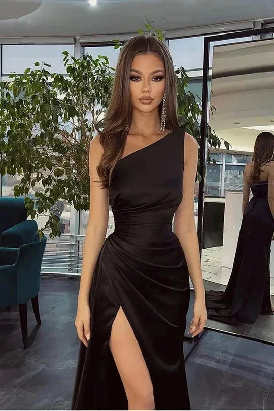Simple Black Long One Shoulder Slit Mermaid Prom Dresses by misshow.com