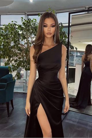 Simple Black Long One Shoulder Slit Mermaid Prom Dresses