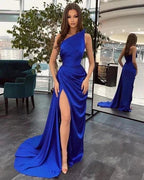 Simple Black Long One Shoulder Slit Mermaid Prom Dresses by misshow.com