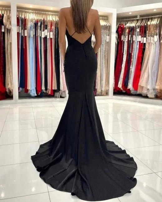 Simple Black Long Spaghetti Straps Mermaid Prom Dresses by misshow.com