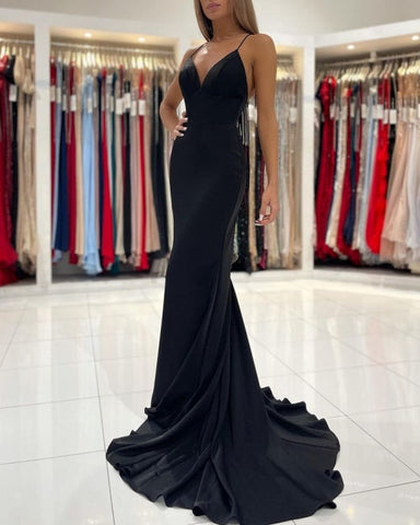 Simple Black Long Spaghetti Straps Mermaid Prom Dresses