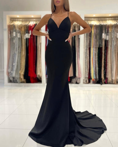 Simple Black Long Spaghetti Straps Mermaid Prom Dresses