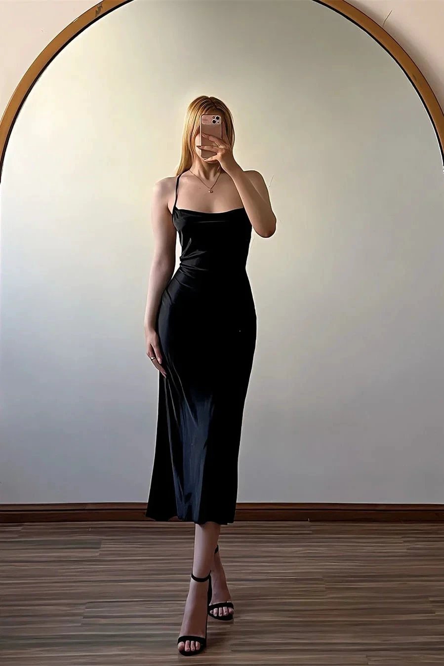Simple Black Spaghetti Straps Satin Sleeveless Backless Prom Dress by misshow.com