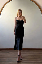 Simple Black Spaghetti Straps Satin Sleeveless Backless Prom Dress by misshow.com