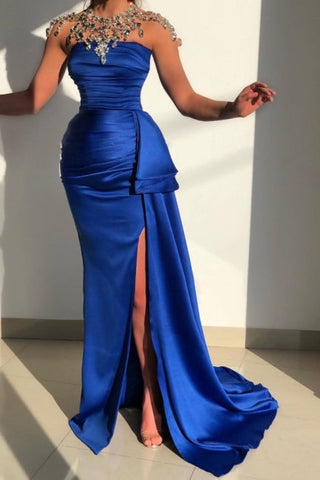 Simple Blue Strapless Sleeveless Mermaid Floor-Length Satin Prom Dresses