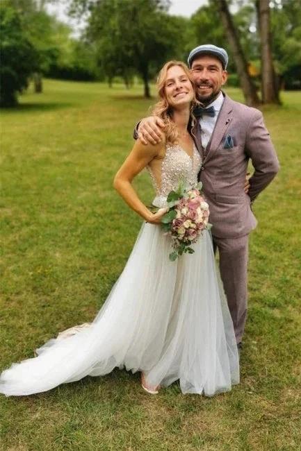 Simple Boho A-line V-neck Backless Sleeveless Wedding Dresses With Lace by misshow.com