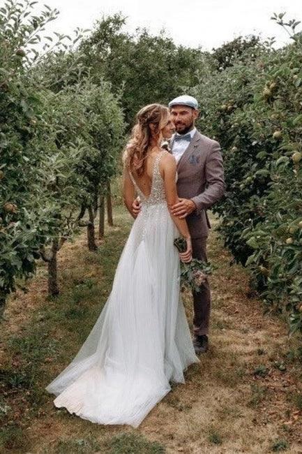 Simple Boho A-line V-neck Backless Sleeveless Wedding Dresses With Lace by misshow.com