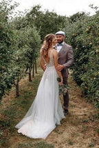Simple Boho A-line V-neck Backless Sleeveless Wedding Dresses With Lace by misshow.com