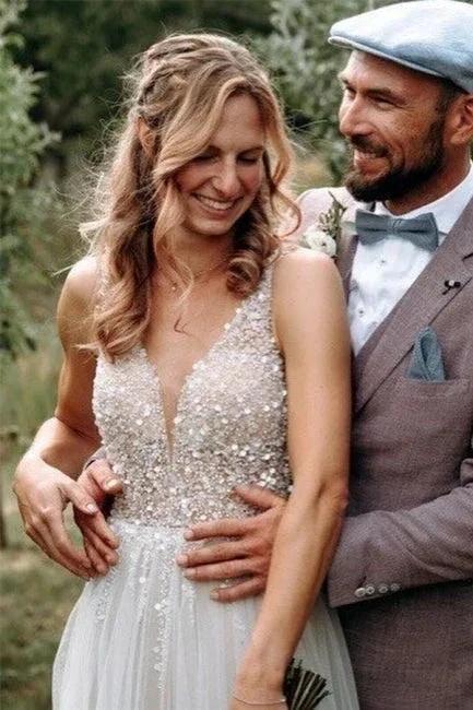 Simple Boho A-line V-neck Backless Sleeveless Wedding Dresses With Lace by misshow.com
