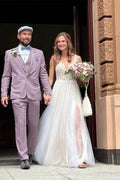 Simple Boho A-line V-neck Backless Sleeveless Wedding Dresses With Lace by misshow.com