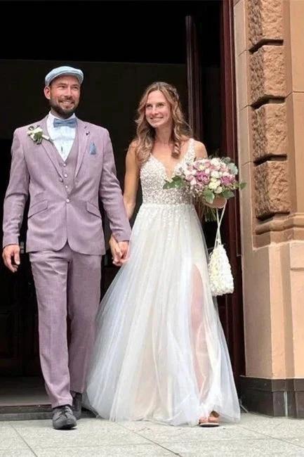 Simple Boho A-line V-neck Backless Sleeveless Wedding Dresses With Lace by misshow.com