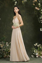 Simple Champagne Spaghetti Straps Sleeveless A-Line Satin Prom Dresses with Ruffles by misshow.com